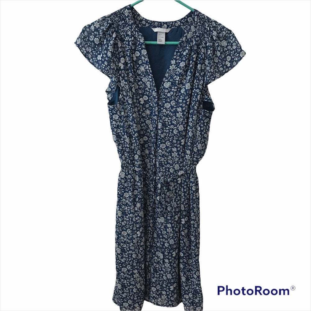 H&M Floral Button Front Waist Tie Cap Sleeve Dress